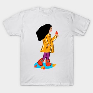 Lovely Autumn Girl With Rain Coat, Boots And Fall Leaves (Medium Skin Tone) T-Shirt